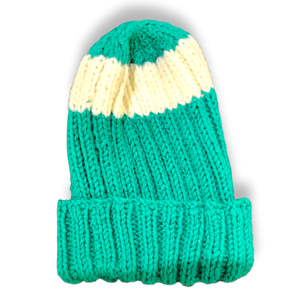 Green and cream knit crochet hat