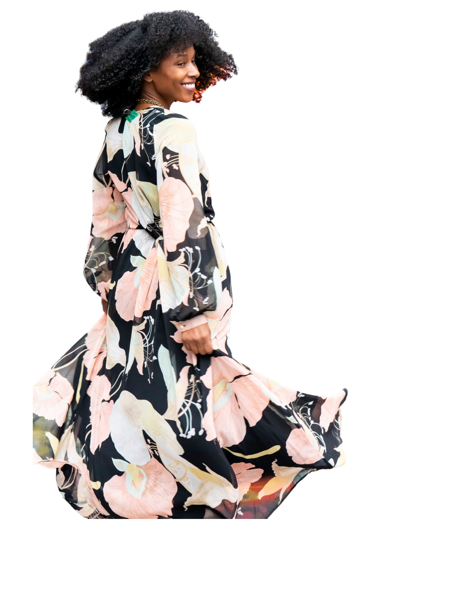 Black pink floral long sleeve maxi dress sz S