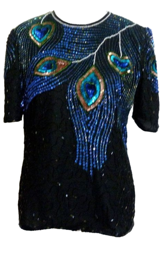 Vintage black peacock sequin beaded vintage short sleeve top sz XL