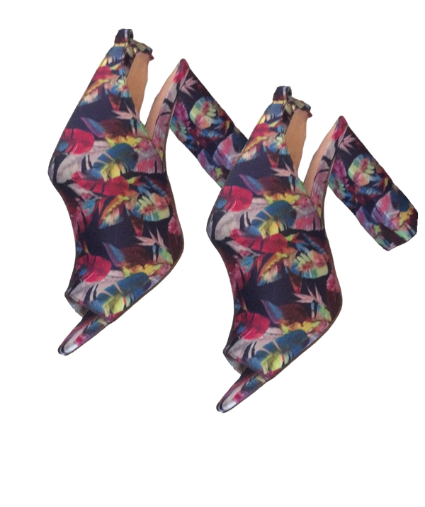 Colorful floral chunky peep toe heels sz 11